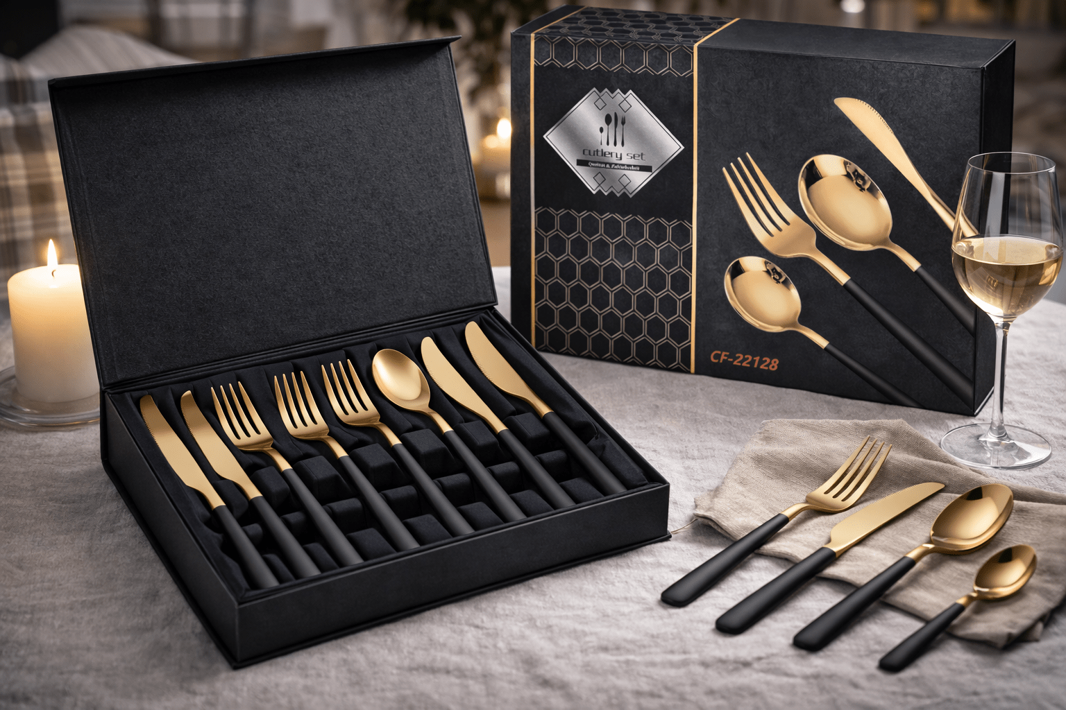 Elegant Bestiksæt i Guld & Sort – Moderne Cutlery Set til Borddækning - Nordic Elance