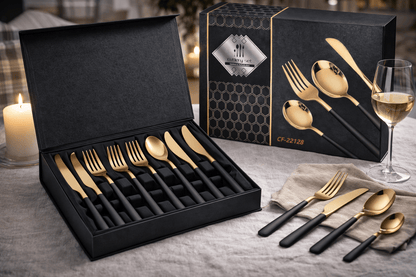 Elegant Bestiksæt i Guld & Sort – Moderne Cutlery Set til Borddækning - Nordic Elance