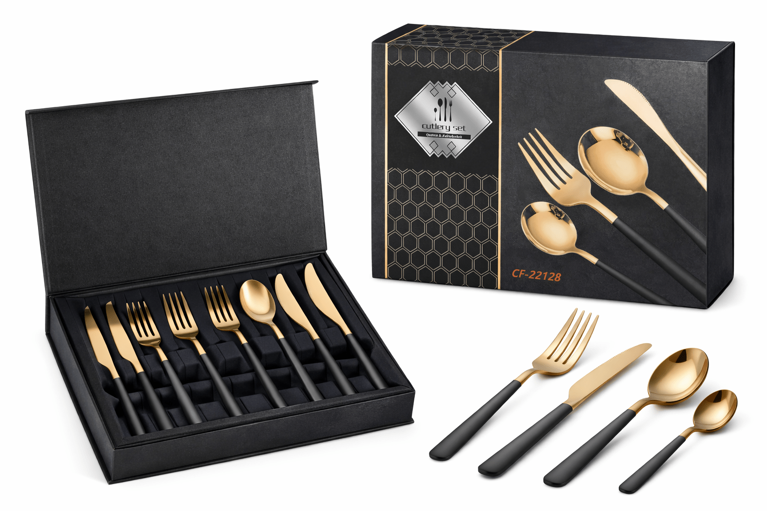 Elegant Bestiksæt i Guld & Sort – Moderne Cutlery Set til Borddækning - Nordic Elance