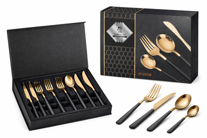 Elegant Bestiksæt i Guld & Sort – Moderne Cutlery Set til Borddækning - Nordic Elance