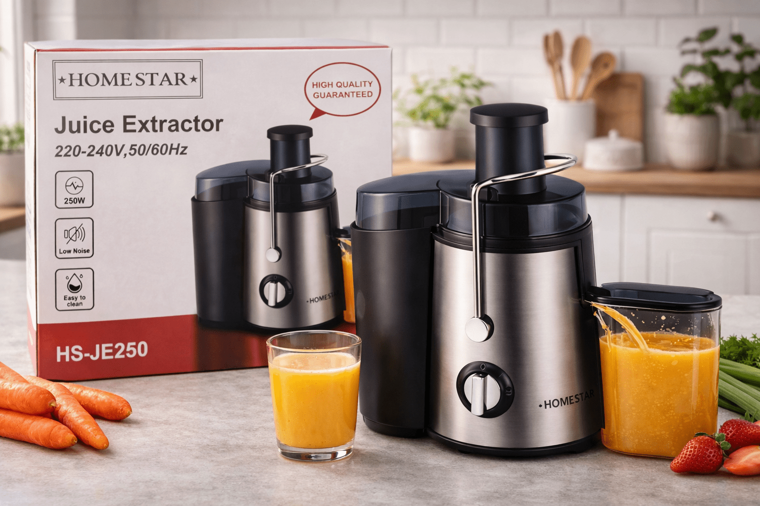 HOMESTAR Juice Extractor 250W – Hurtig, Støjsvag & Nem at Rengøre - Nordic Elance
