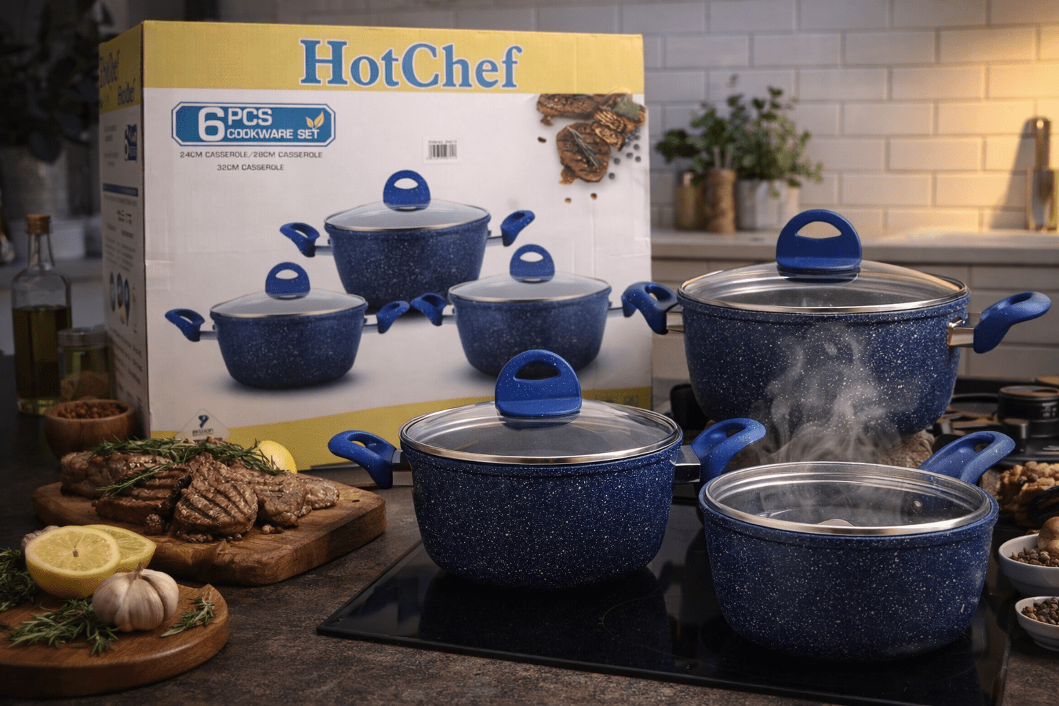 HotChef 6 - delt grydesæt – Non - stick gryder i elegant blå design - Nordic Elance