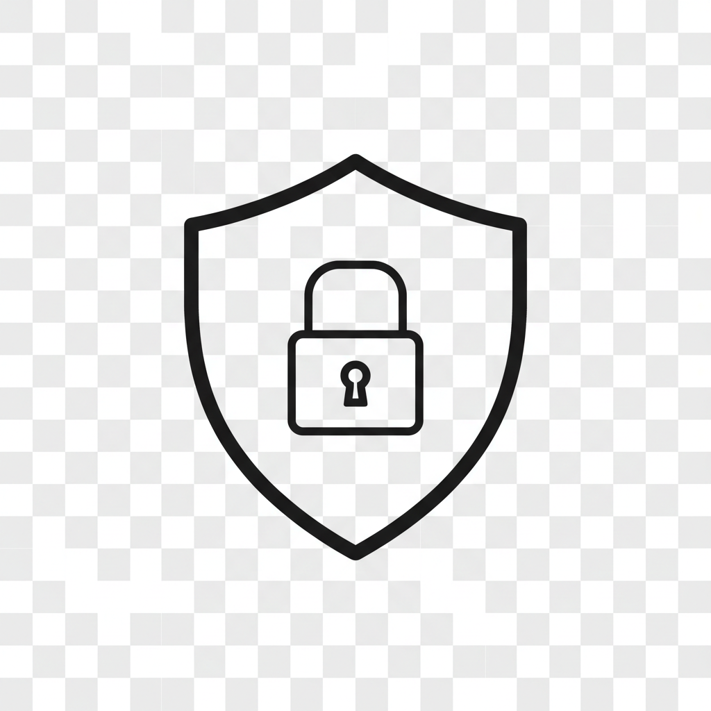 Minimal black shield icon with a lock symbol, flat design, simple outline, transparent background, modern ecommerce style